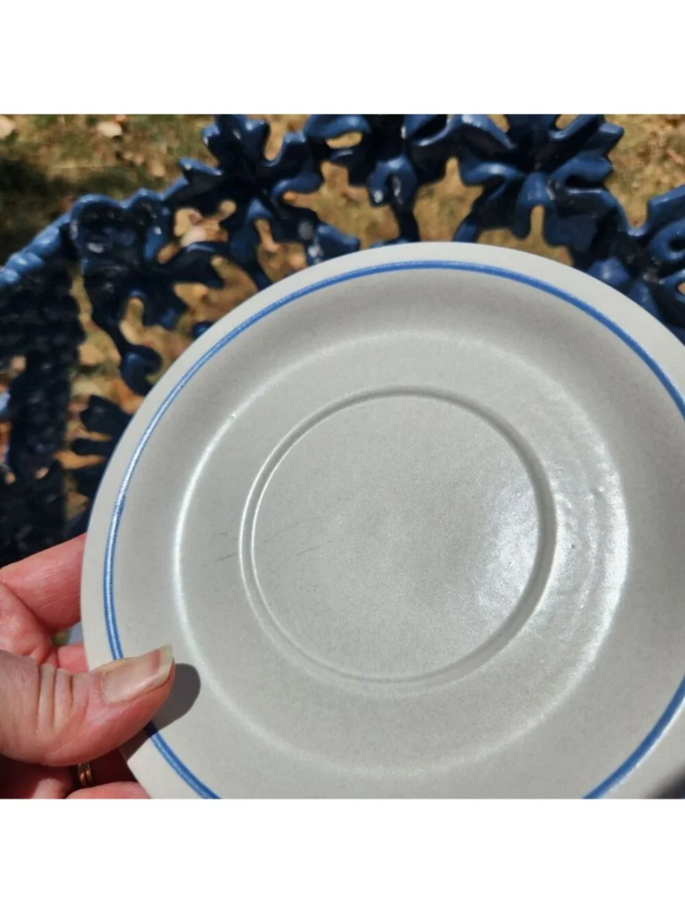 Set Of 6 Vintage Pfaltzgraff Saucers With Blue Trim Stoneware White